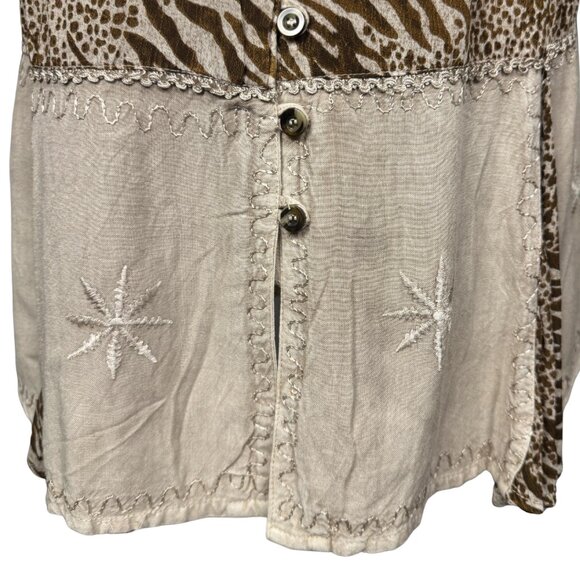 Vintage 90s Boho Floral Embroidered Dress, Leopard Print, Neutral Cotton Rayon - Picture 5 of 9